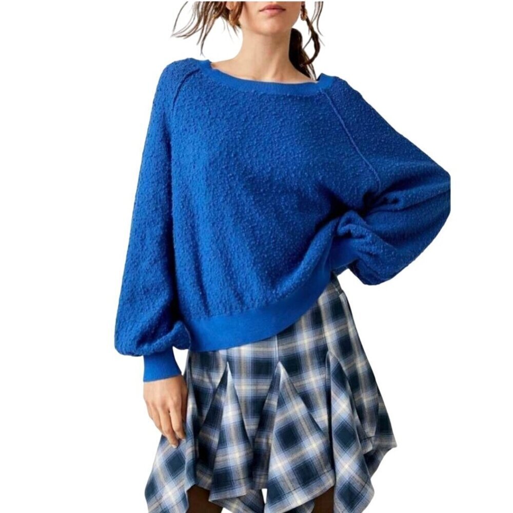Free People Found My Friend Boucle Knit Oversized Sweater Deja Blue Size XS